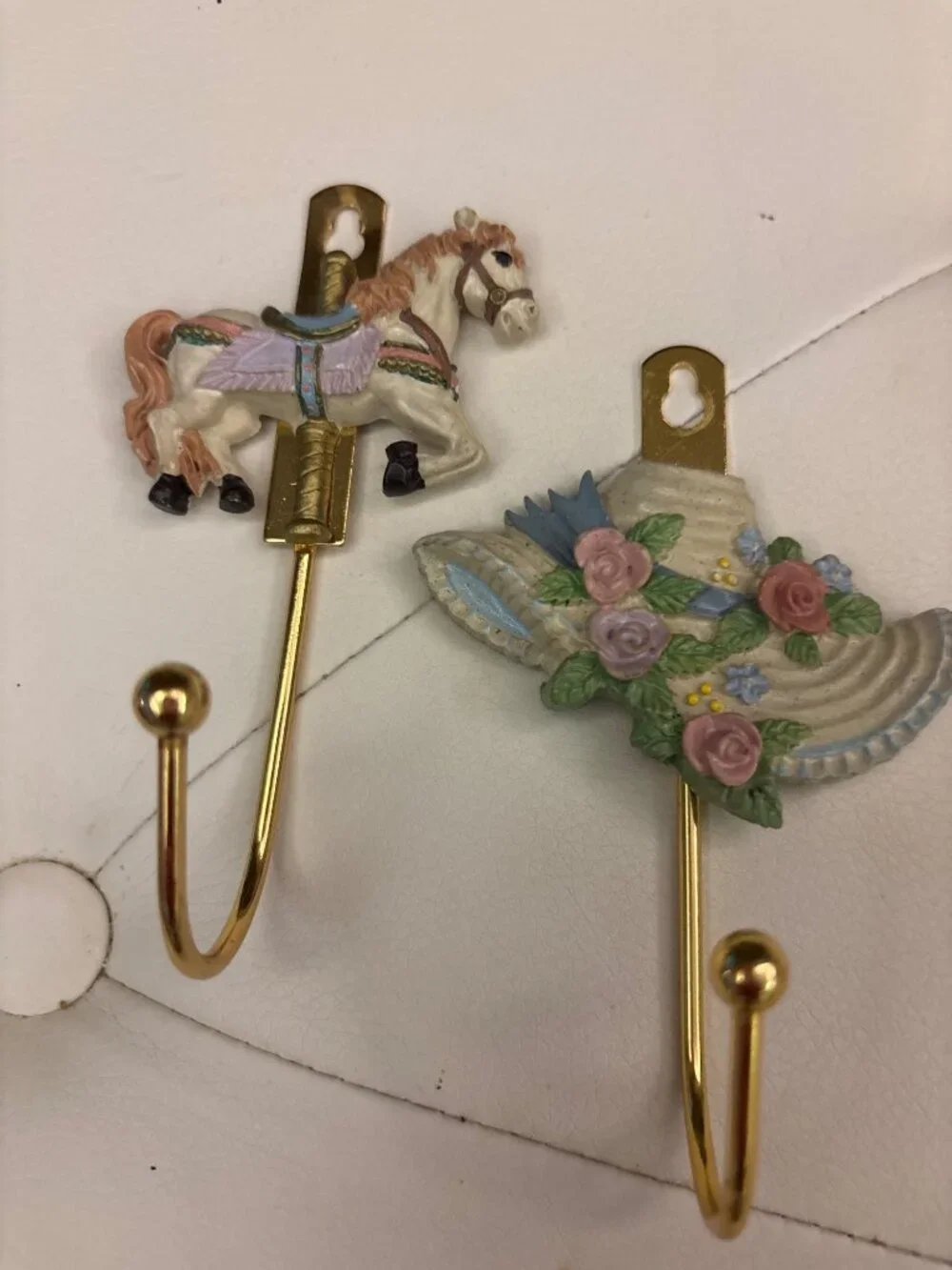 Vintage Wall Hooks Set of 2 Rustic Metal Farmhouse Nursery Carousel Hat Horse